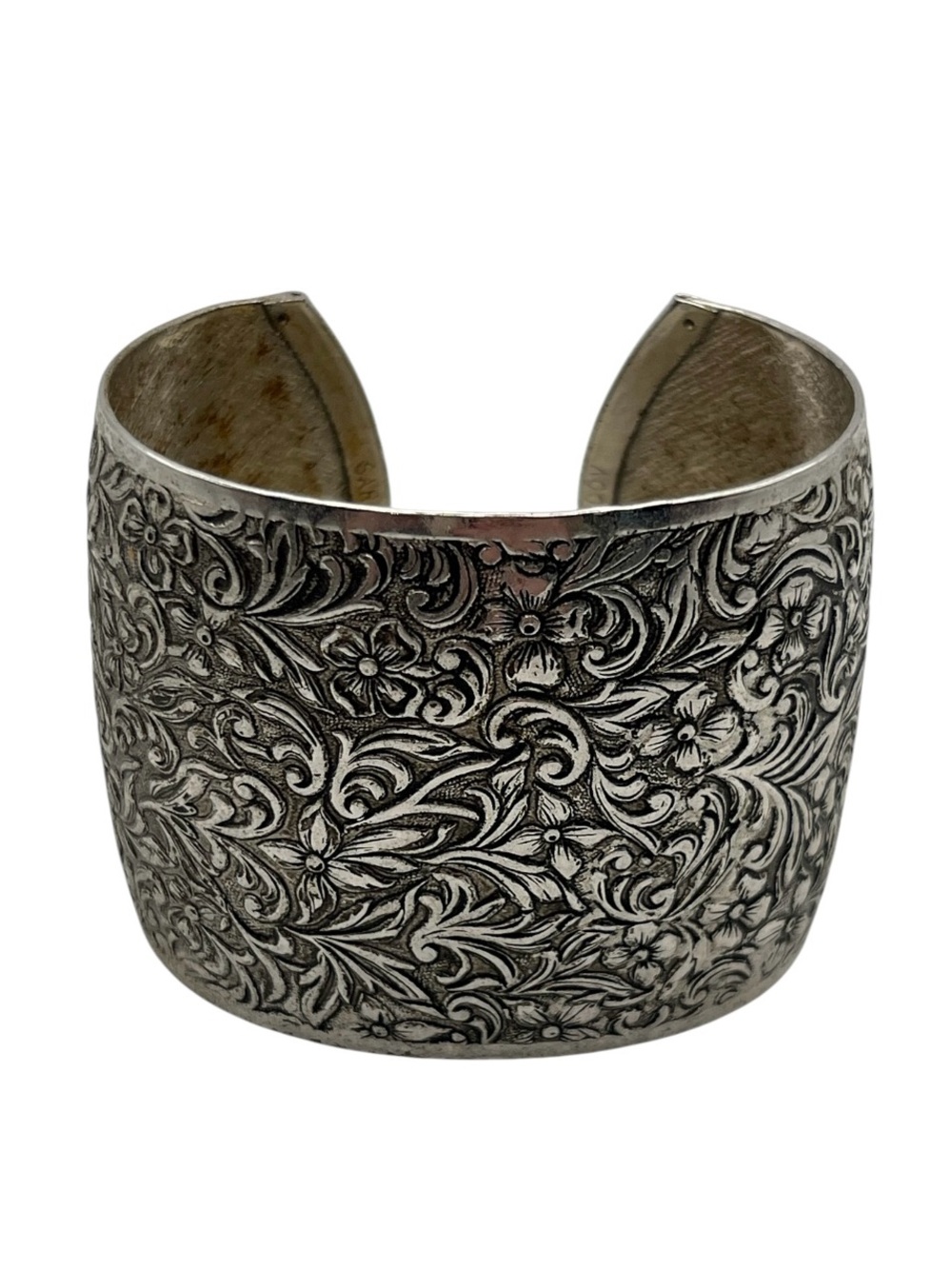 Floral embossed flower design silver tone wide vintage cuff bracelet